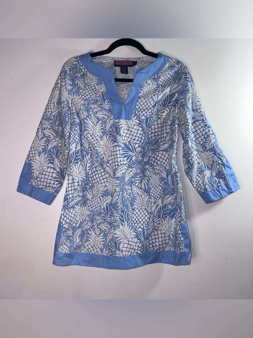 Vineyard Vines Pineapple Print Tunic Top Small Blue White Tropical Cotton